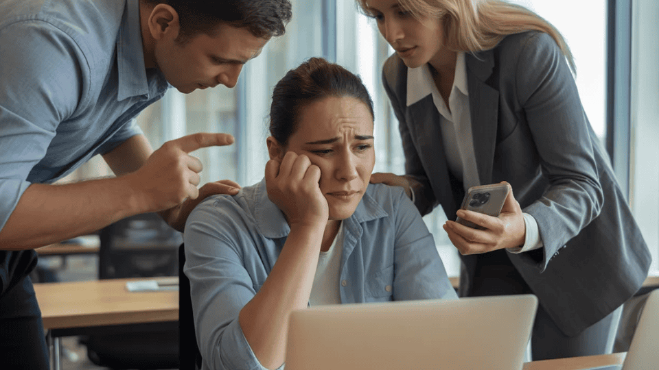 overwhelmed office worker surrounded by coworkers demanding attention while she looks stressed at her laptop