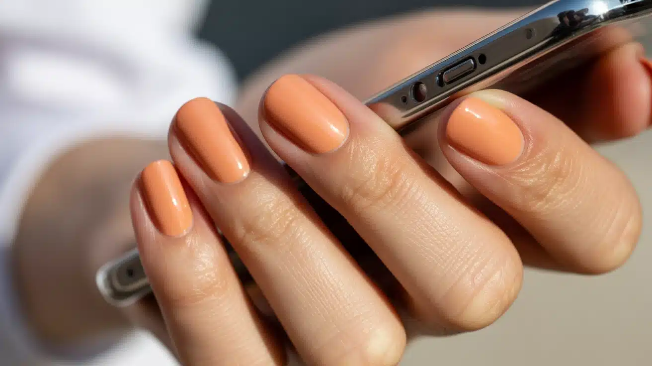 peach toned nude nails adding a warm healthy tint while still keeping the overall look simple clean and natural