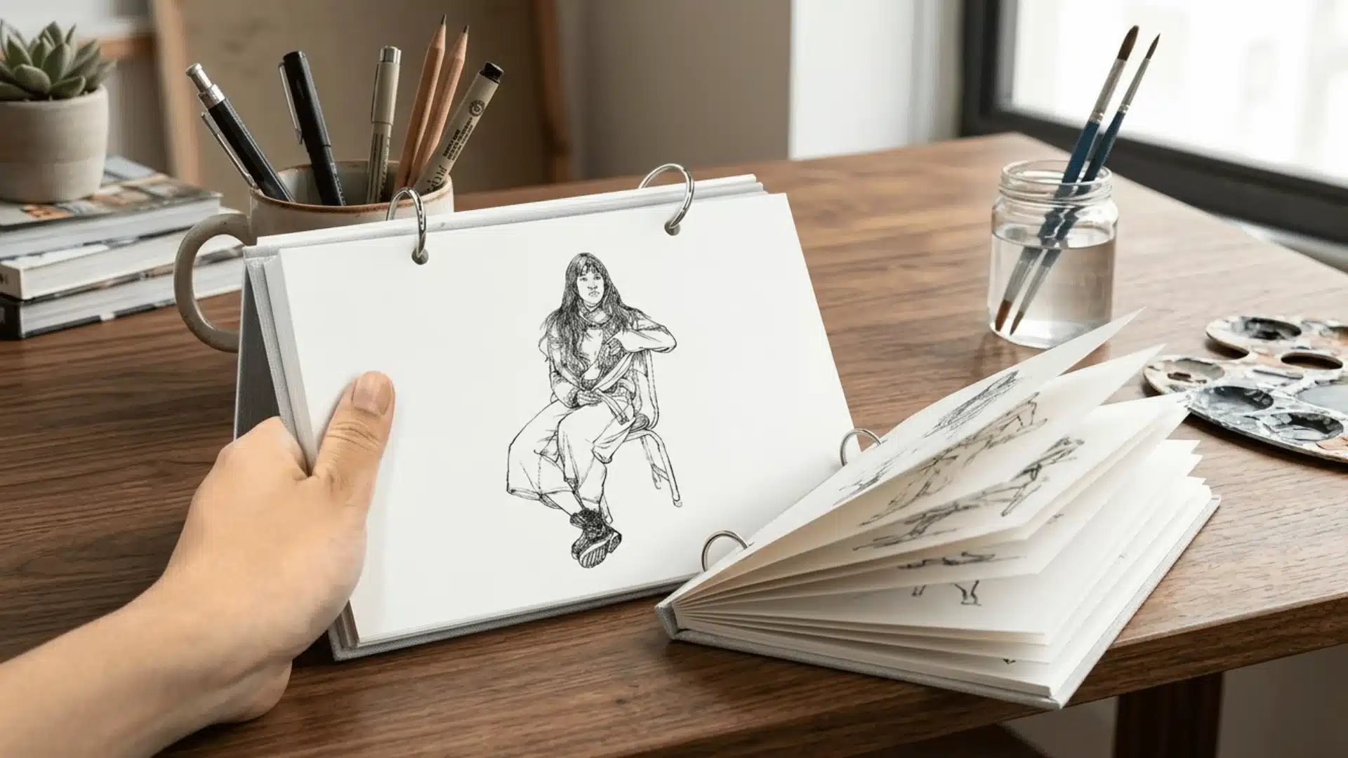 pencil and the dark grey background, showing additional sketch pages underneath