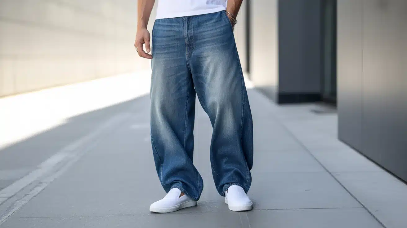 person in baggy jeans with slip-on sneakers, relaxed hem stacking over shoes for an effortless street style look
