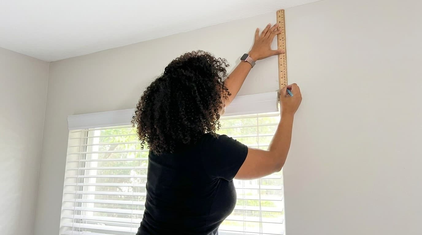 person measuring wall above window blinds with ruler and pencil for curtain installation setup (1)