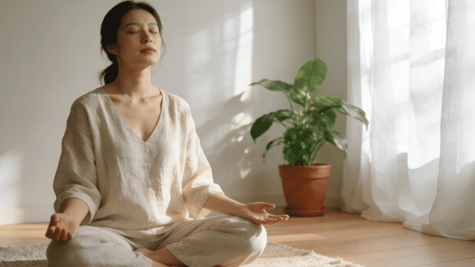 person sitting cross legged and meditating in a quiet room with soft morning sunlight (1)