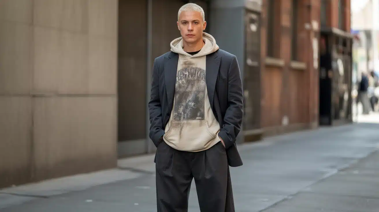 person wearing grunge outfit with distressed tee and blazer mixed with oversized fit showing contrast of rough and polished pieces in street setting