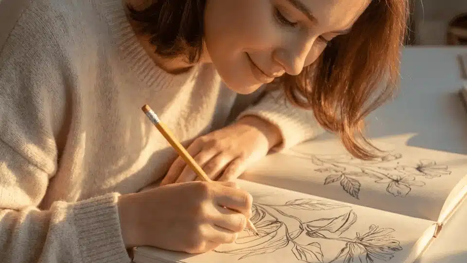 person sketching in a notebook at a sunny desk in the morning engaging in a creative hobby
