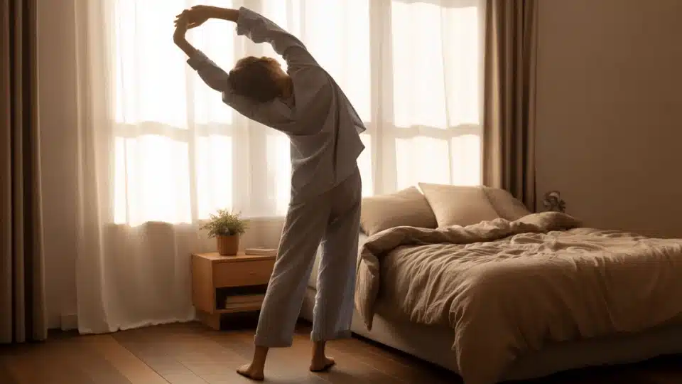 person stretching beside the bed in a bright bedroom with soft morning sunlight