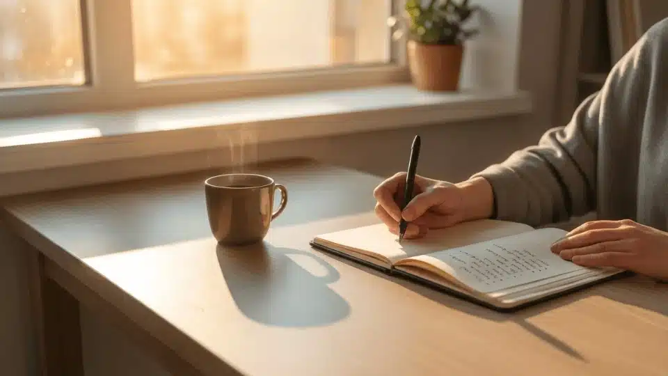 person writing a simple to do list in a notebook at a sunny morning desk