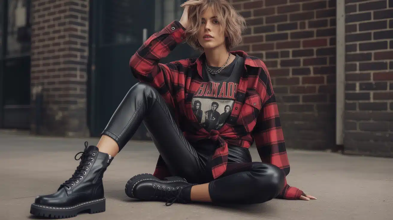Plaid shirt tied around waist with leather pants and combat boots
