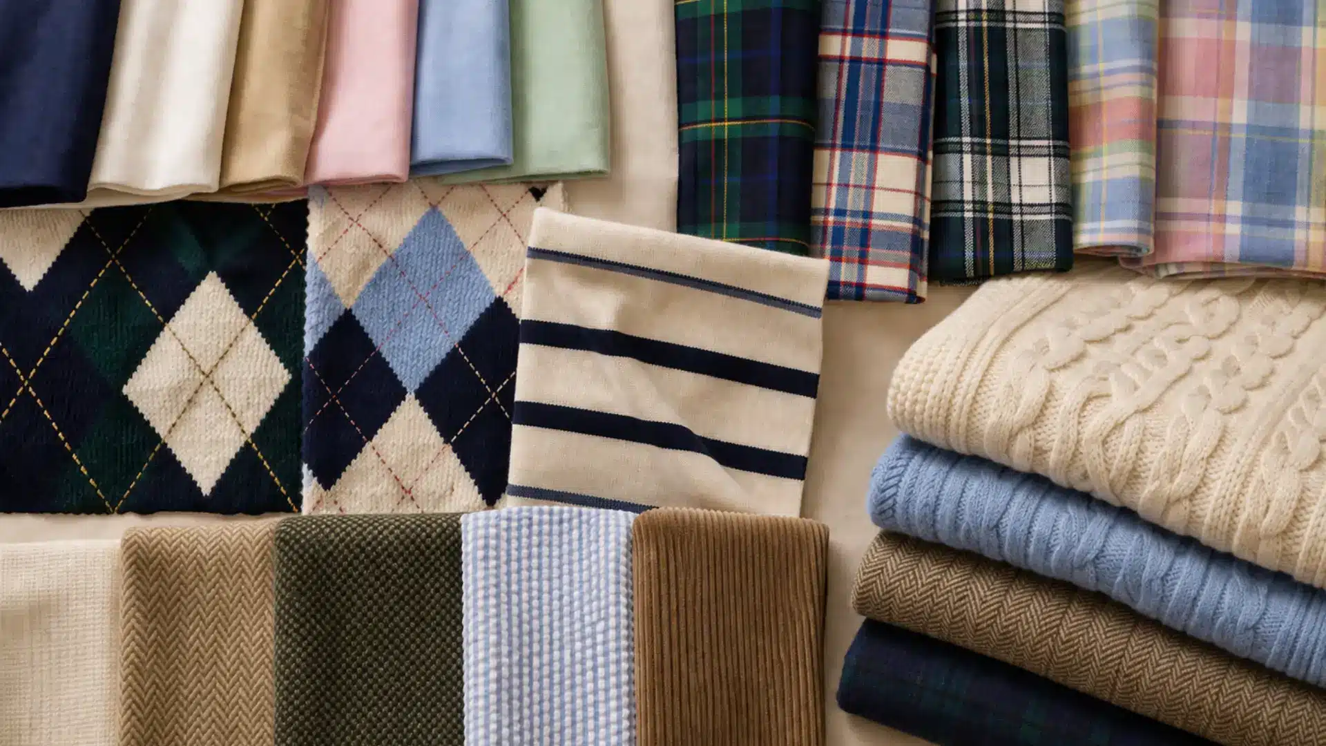 Preppy fabric swatches with plaid, argyle, stripes, corduroy, knits, and soft pastel cotton textures
