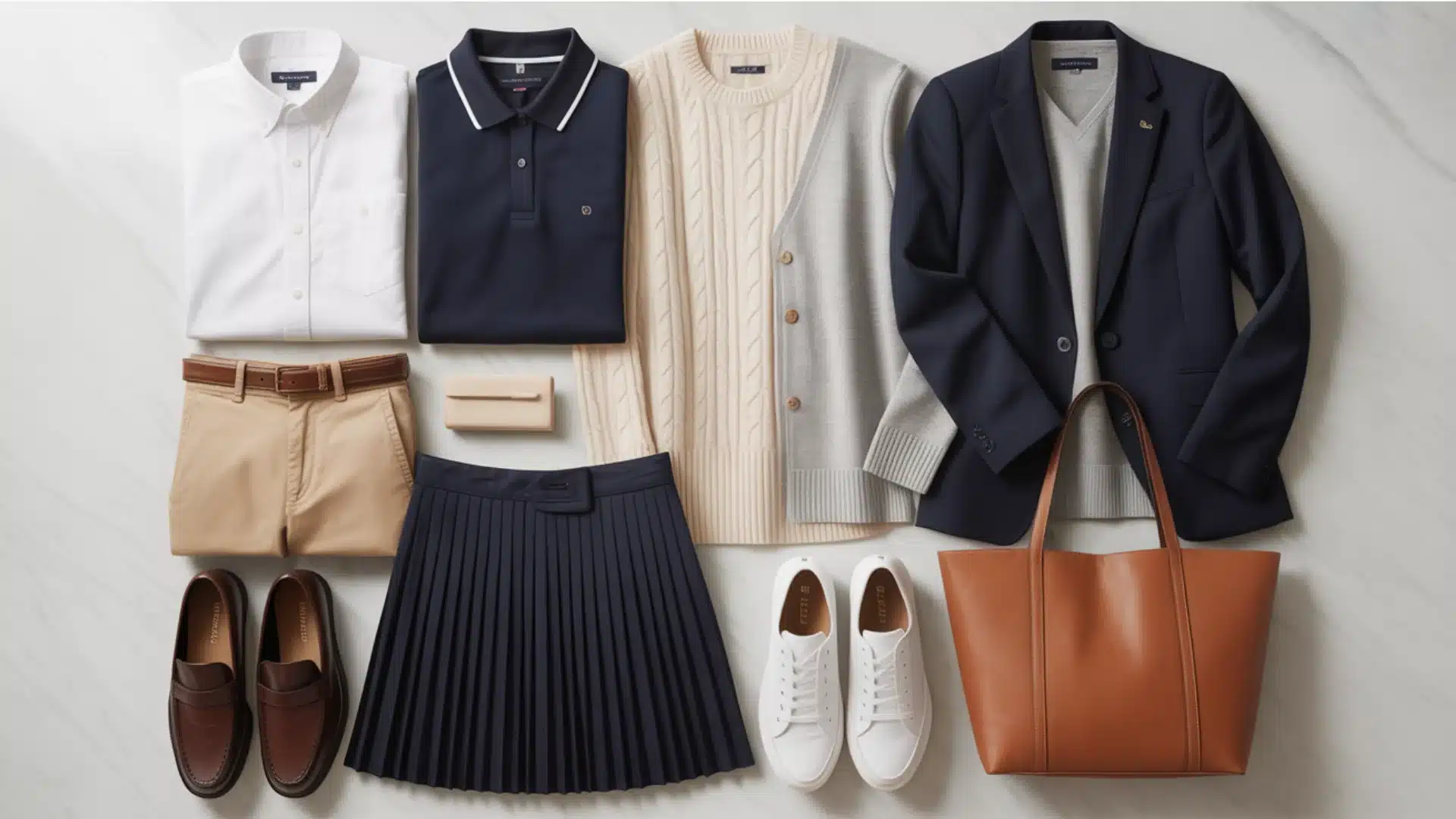 Preppy wardrobe layout with shirts, sweater, blazer, skirt, chinos, sneakers, loafers, and tote