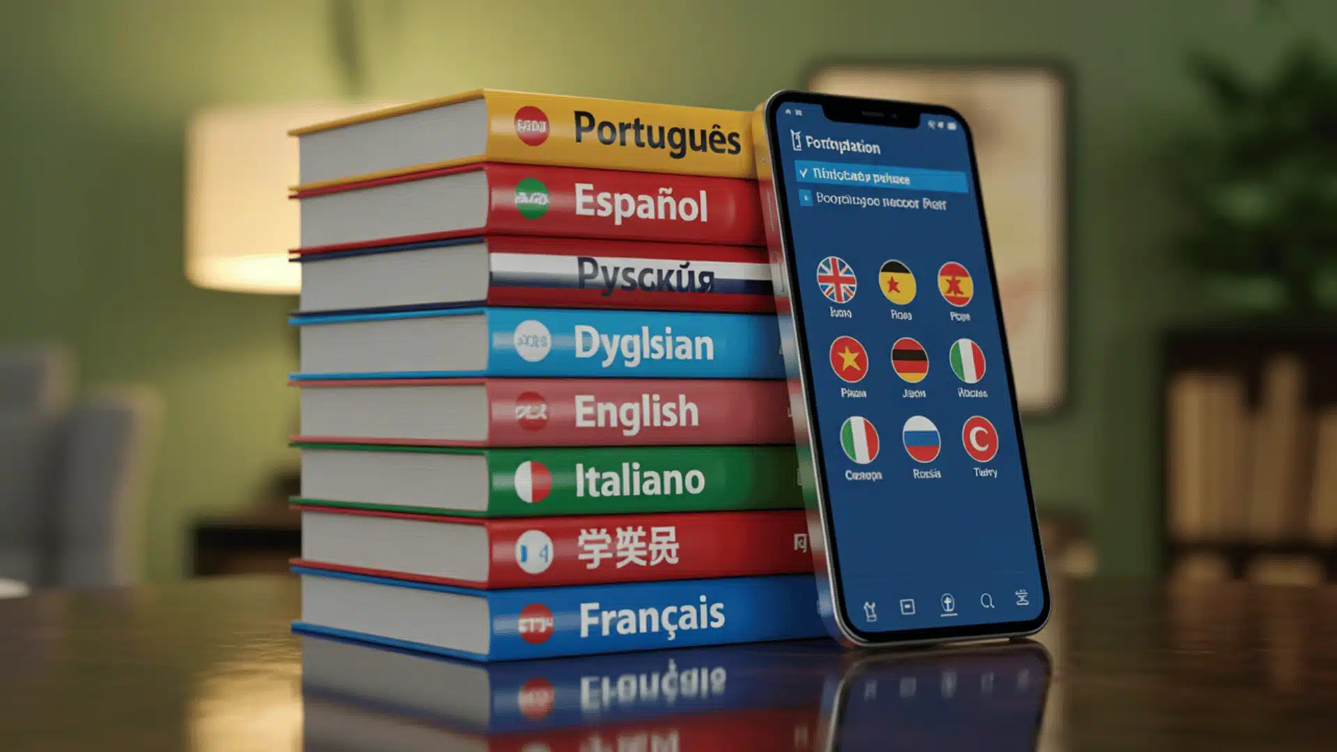 product photography composition featuring a stack of language learning books next to a smartphone