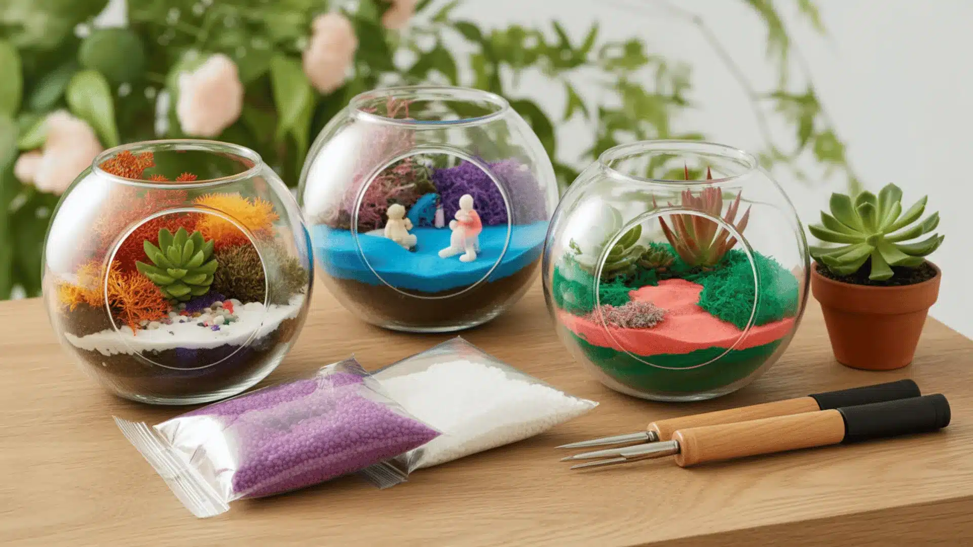 product photography setup of glass terrariums and DIY terrarium-making supplies on a light wooden surface
