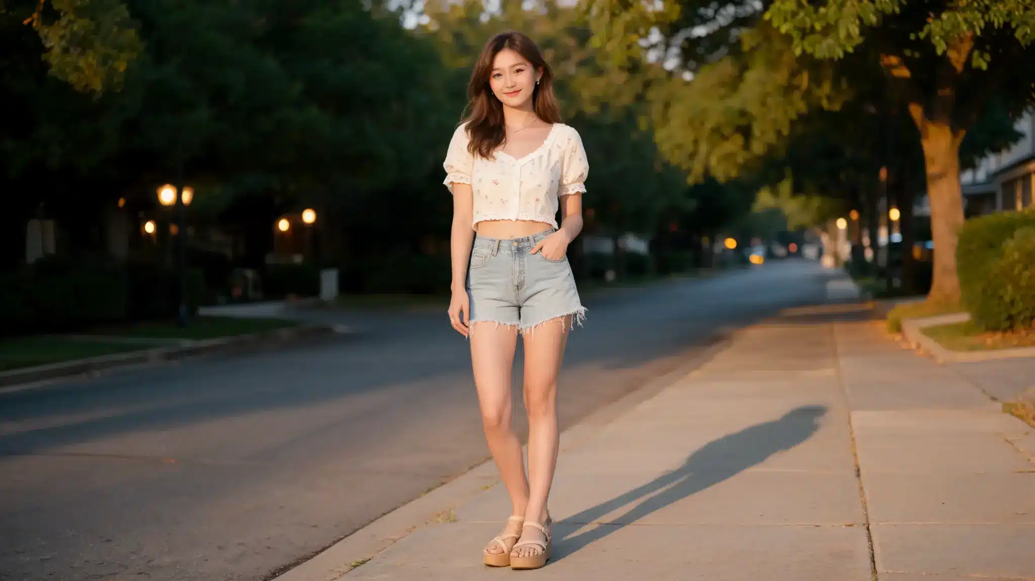 Vintage high-waisted denim shorts with cropped lace blouse outdoors at golden hour