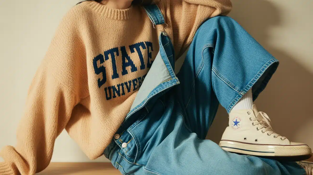 Retro graphic sweater with denim overalls and Converse sneakers