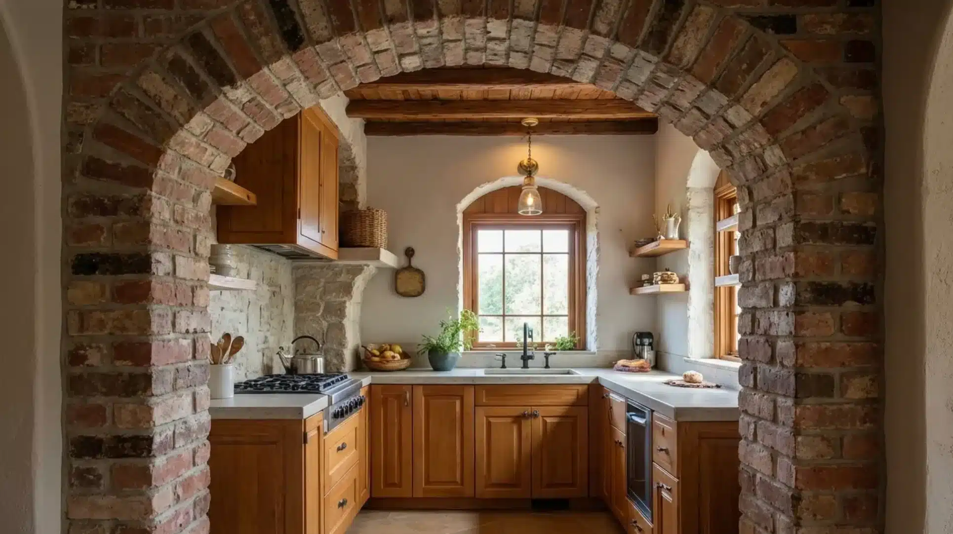 rustic kitchen with brick archway, wooden cabinets, stone backsplash, sink, open shelves, and wooden ceiling beams