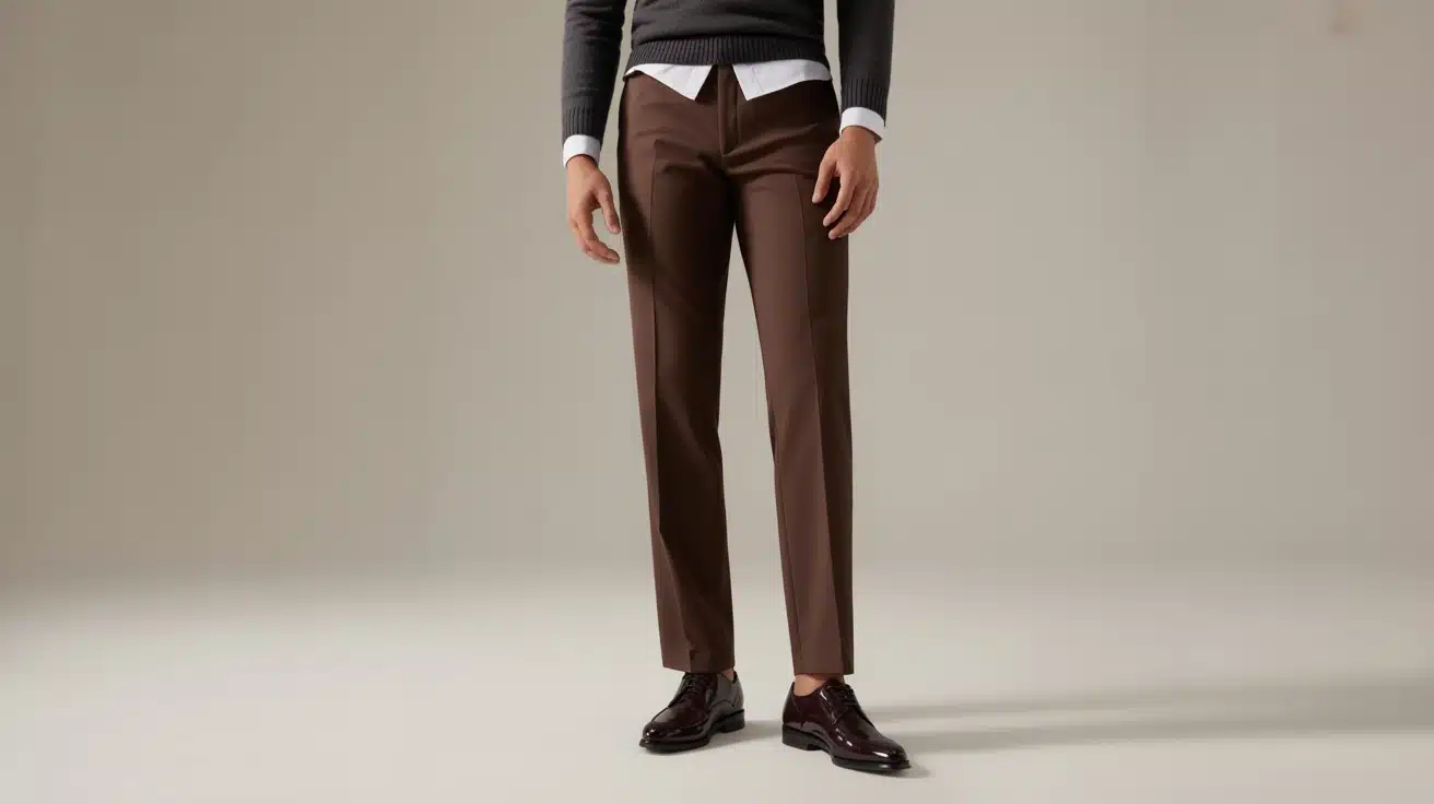 Brown trousers with a V-neck sweater, collared shirt, and dress shoes