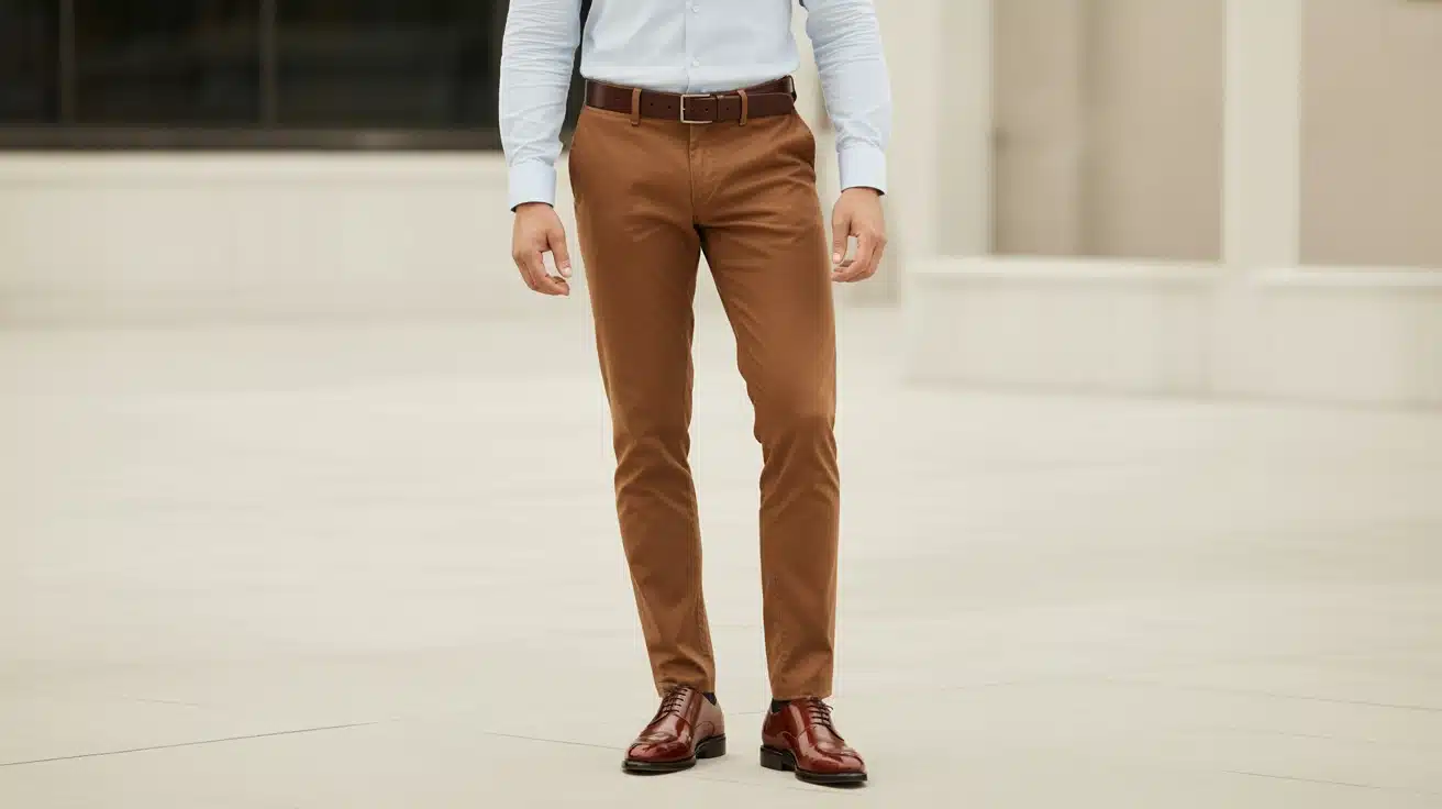 Slim-fit brown chinos with a tucked-in white button-down shirt