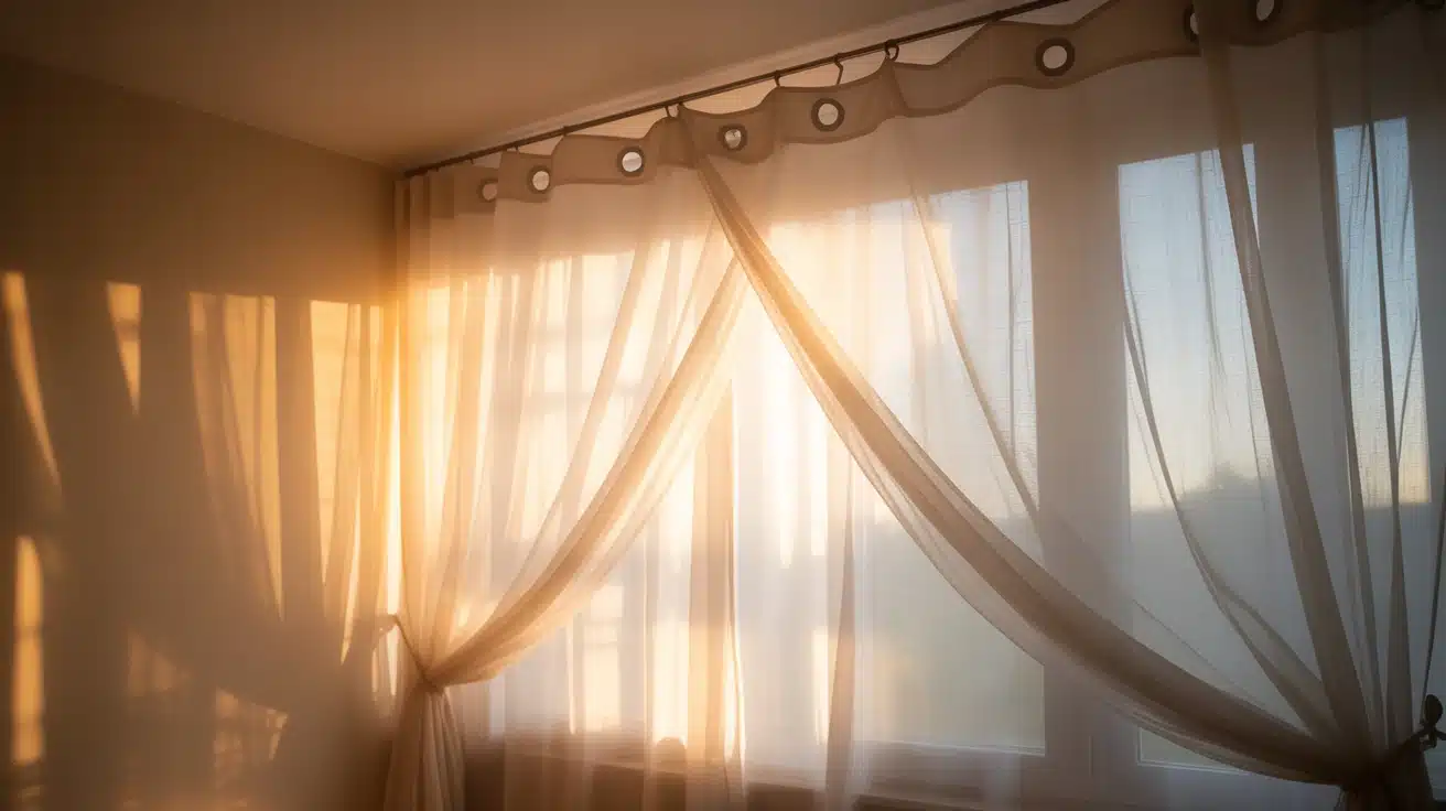 Sheer curtains allowing natural light into a small bedroom