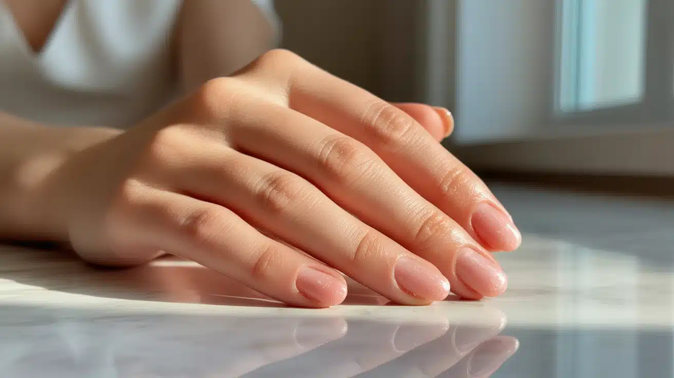 Short nails with sheer pink glossy polish creating a natural clean look with soft shine and even healthy nail tone