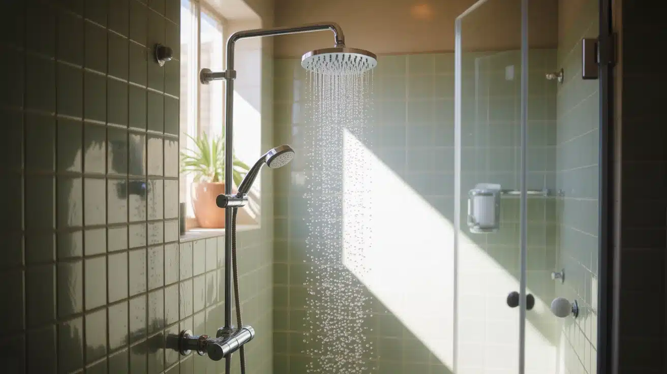 shower with rain showerhead and flowing water creating calm spa like feel in modern tiled bathroom