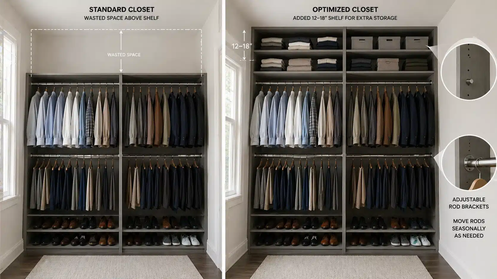 Side-by-side closet comparison showing wasted upper space versus a layout with added top storage and adjustable rods