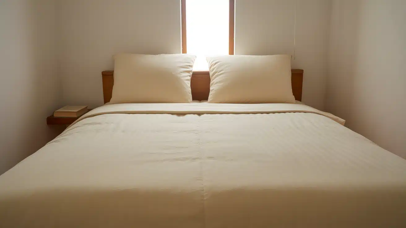 Simple bedding with minimal pillows in a small bedroom