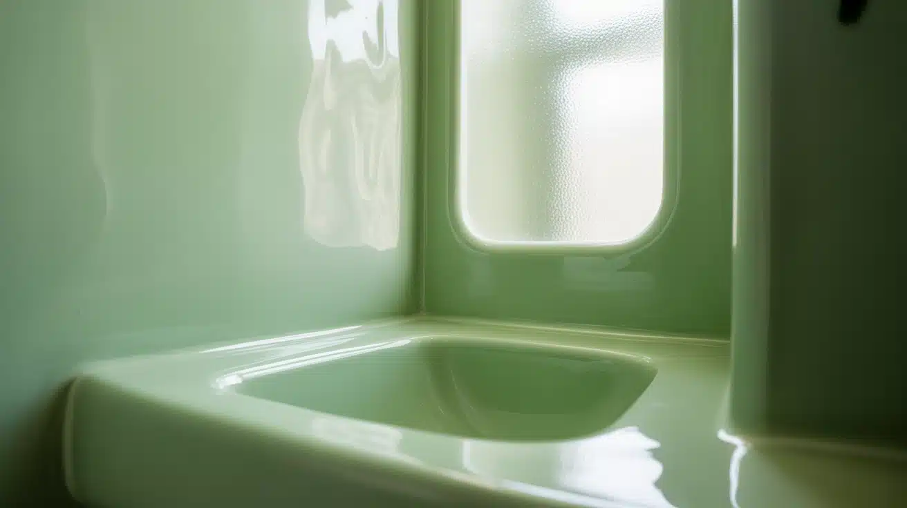 small bathroom with fresh sage green painted walls clean modern look with natural light and simple fixtures