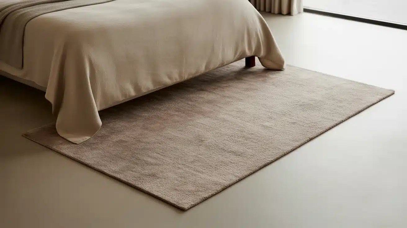 Small rug defining the bed area in a guest bedroom