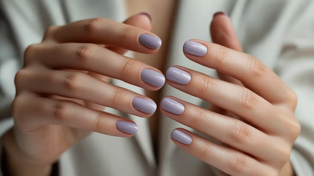 soft lavender nails with a muted tone offering a gentle color that still looks subtle and close to neutral