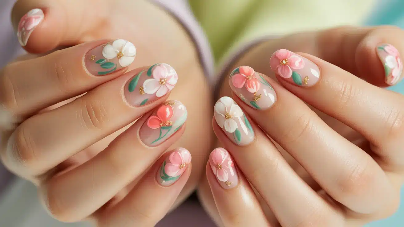 soft, organic floral design with blooming gel mimicking real petals on nails (2)