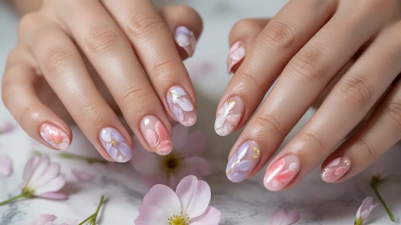 soft, organic floral design with blooming gel mimicking real petals on nails