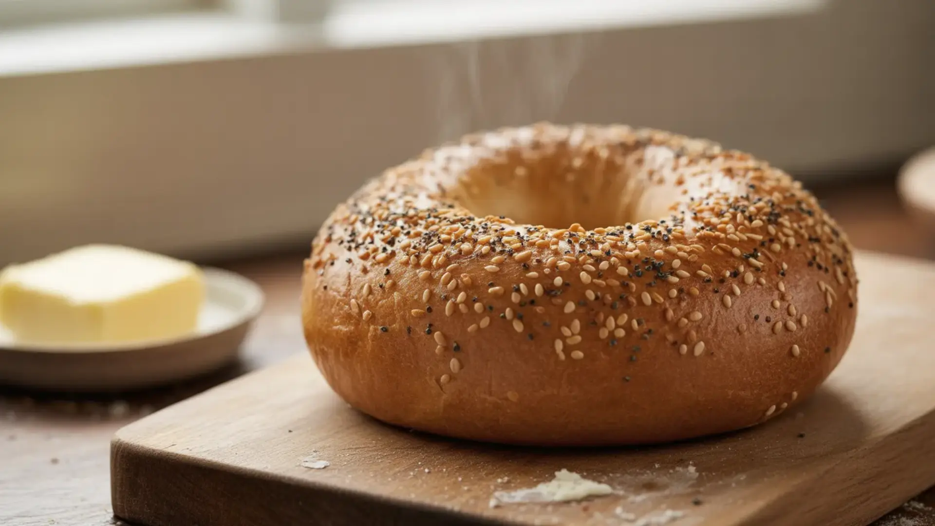 steaming whole wheat bagel topped with poppy and sesame seeds on a wood board with a side of butter