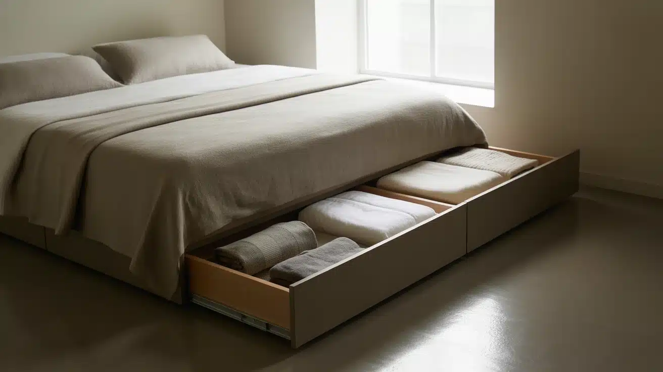 Storage bed with drawers used for linens in a small bedroom