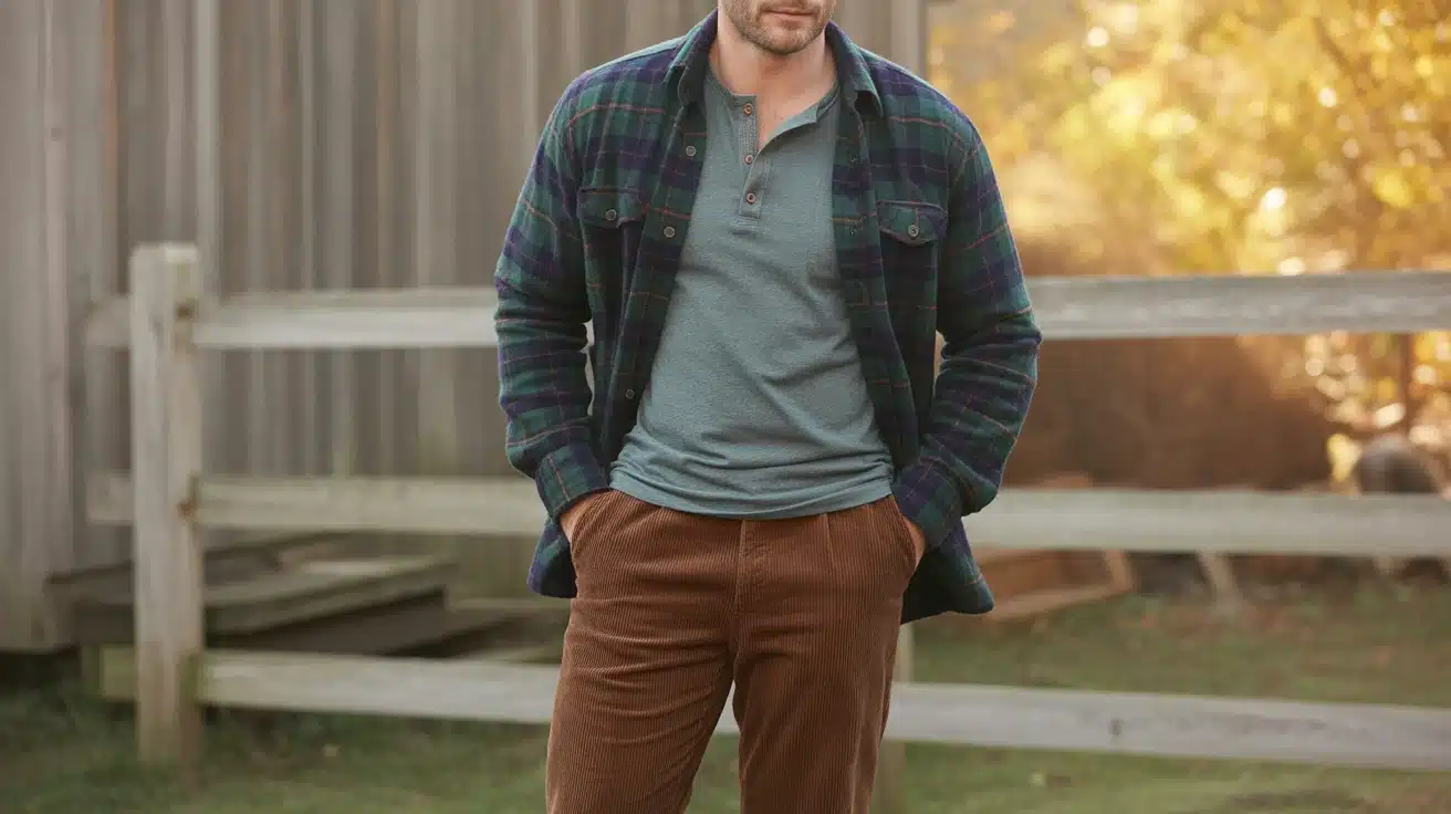 Brown corduroy pants with a grey Henley shirt and flannel