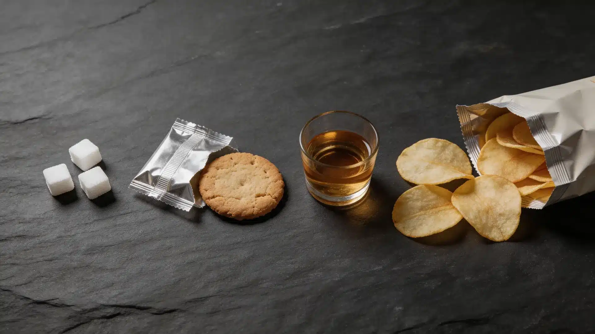 sugar cubes, a packaged biscuit, a glass of whiskey, and an open bag of potato chips arranged on a dark slate surface