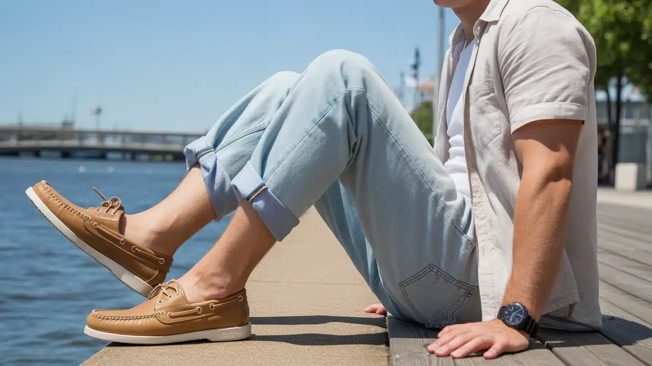 tan boat shoes with rolled light wash jeans in a sunny summer outfit near the water