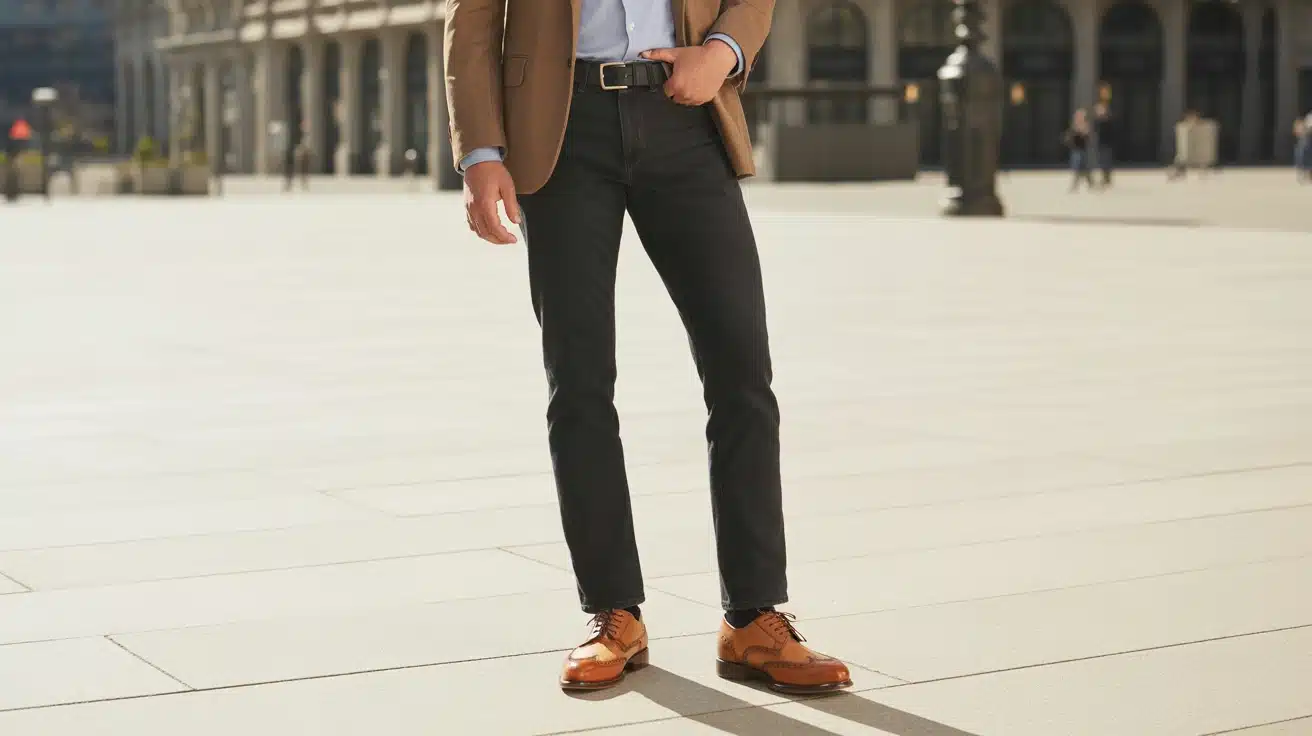 tan brogues with dark straight jeans in a sunny smart casual outfit with classic detail