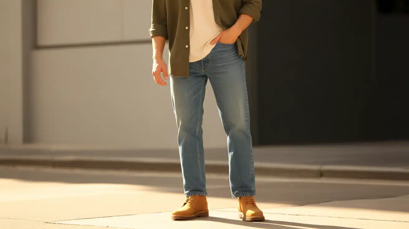 tan desert boots with medium wash straight jeans in a sunny casual outfit with warm tones