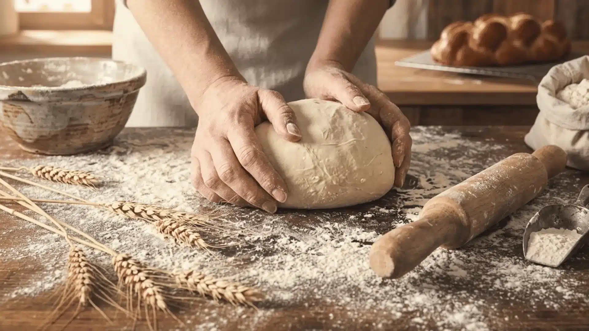 the image displays a photo of a person kneading bread dough on a wooden surface.webp Uploaded through