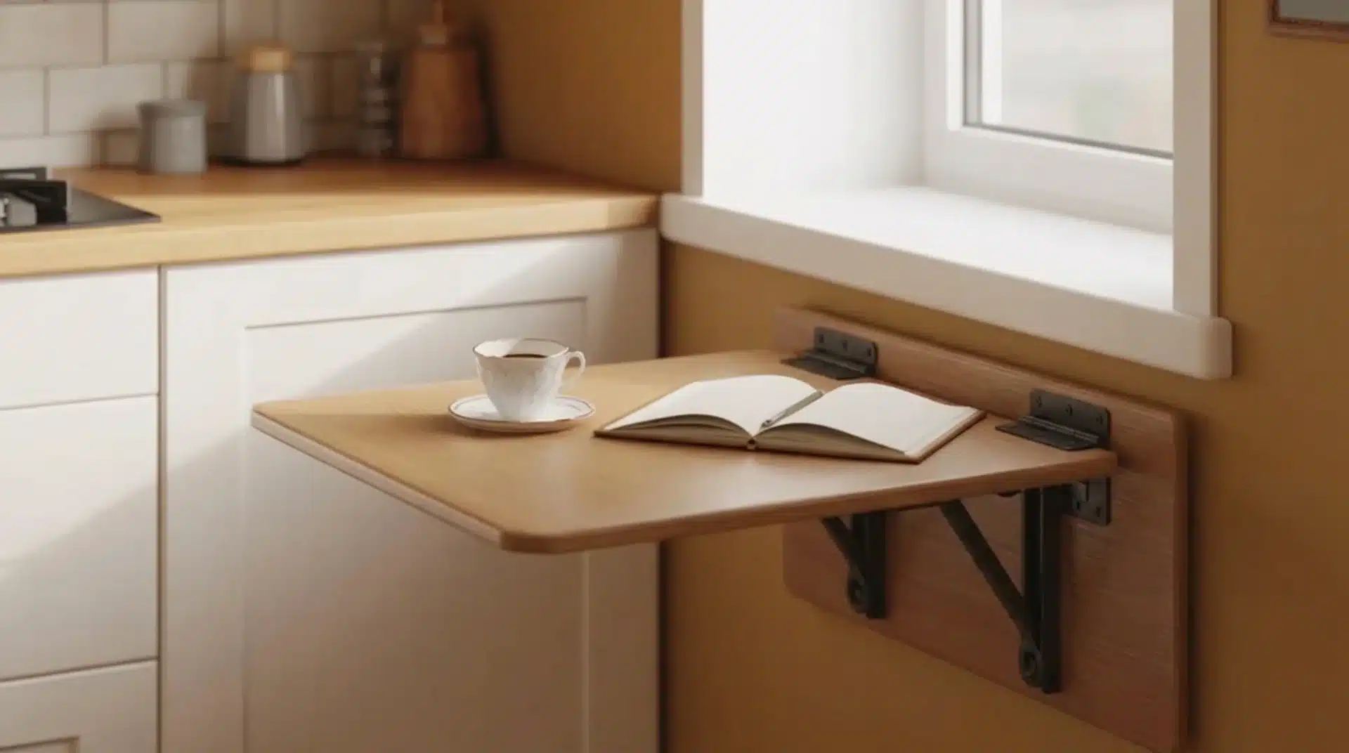 the image shows a wall-mounted folding table in a kitchen, with a cup and saucer next to an open notebook