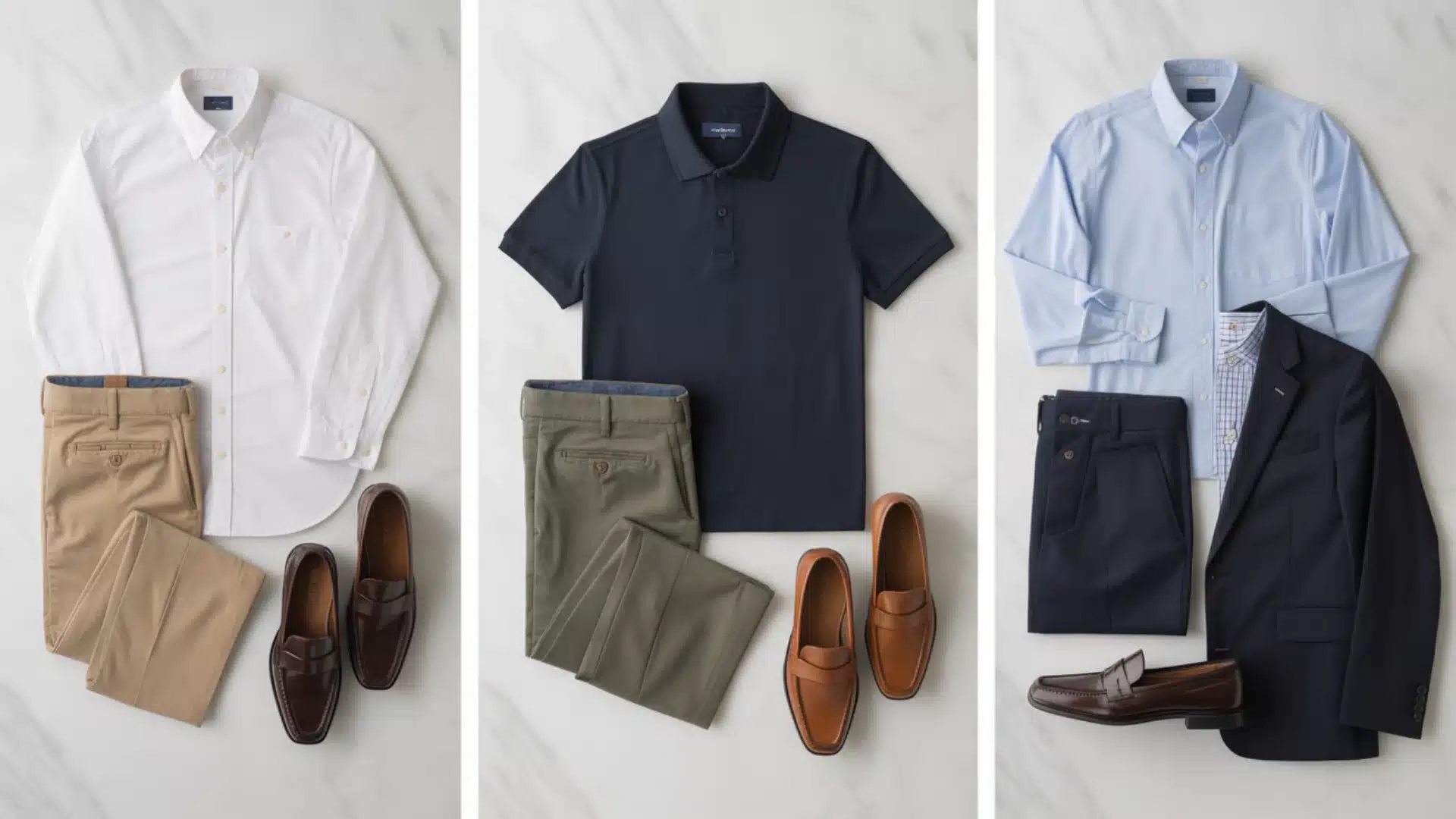 Three men’s outfits with polos, shirts, chinos, blazers, and loafers arranged in neat outfit sets