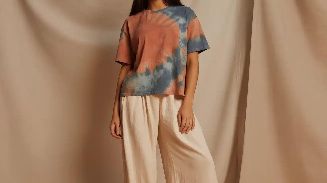Tie-dye top with wide-leg pants for an easygoing artistic indie look