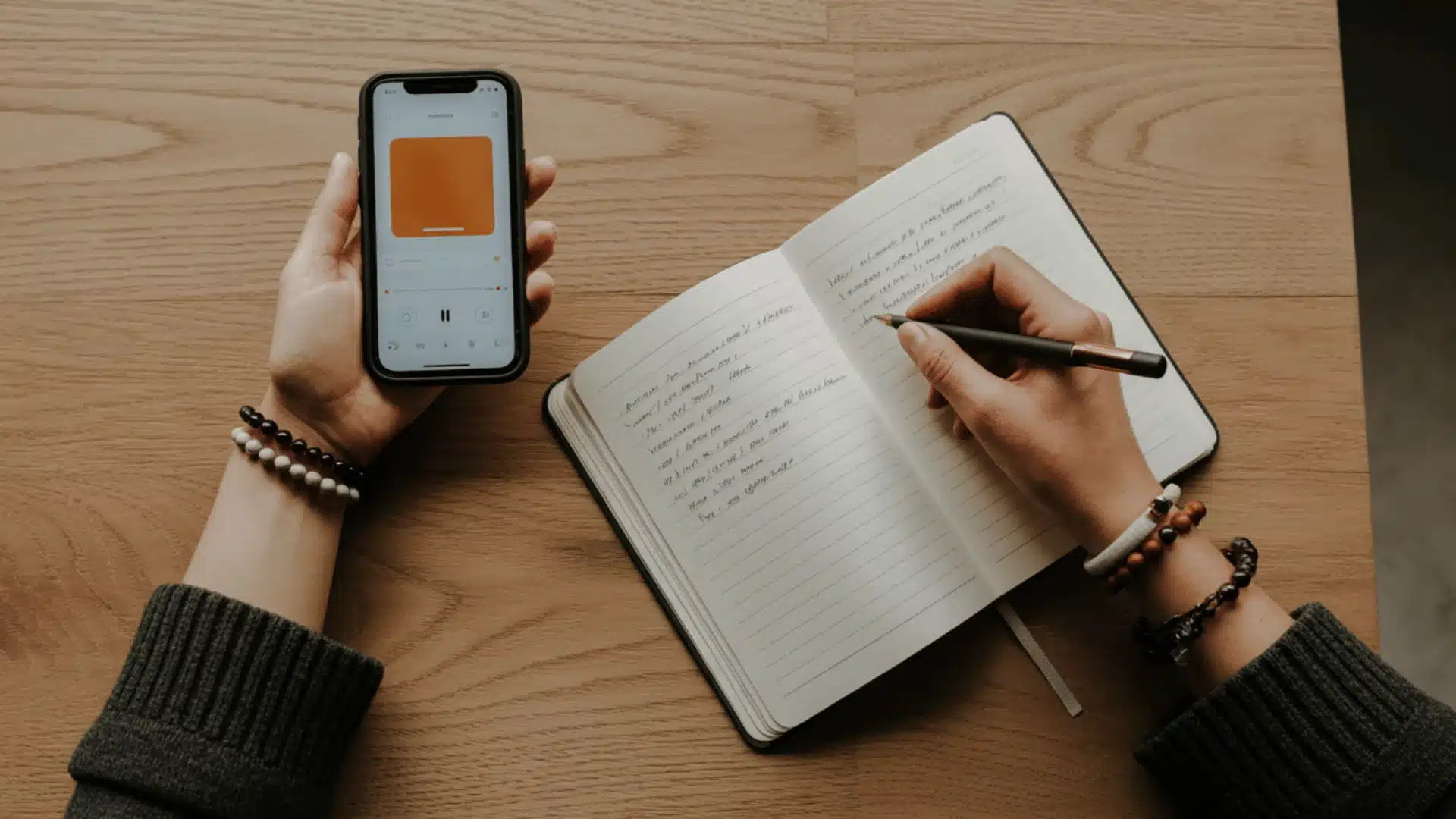 top-down view of someone's hands and arms working at a wooden desk on the left side is a smartphone with a black case