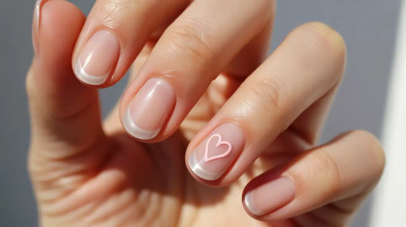 transparent nails with a small heart detail on one nail keeping the look subtle clean and lightly decorative