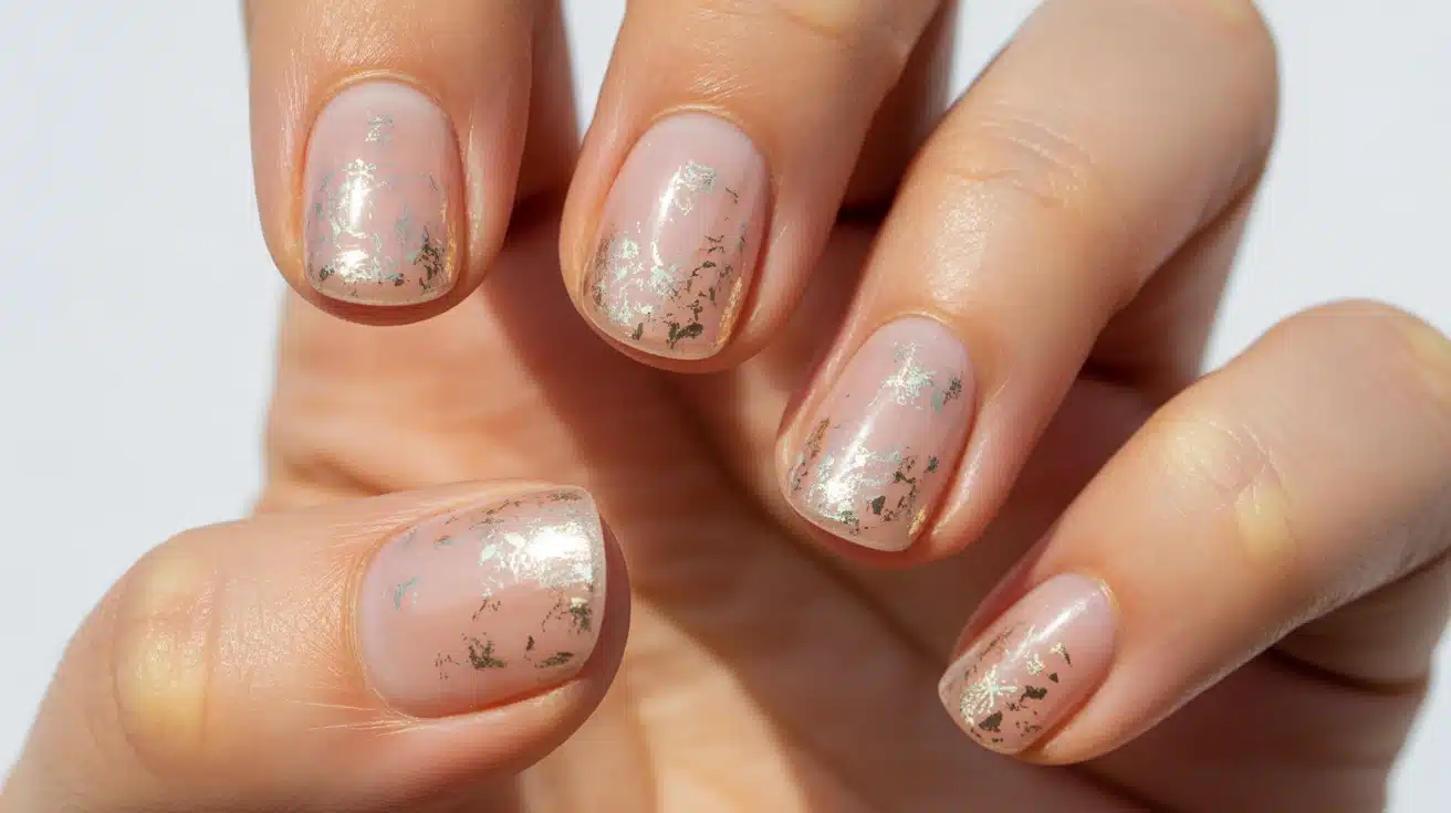 transparent nails with small gold foil flecks creating a light reflective detail while keeping a clean base