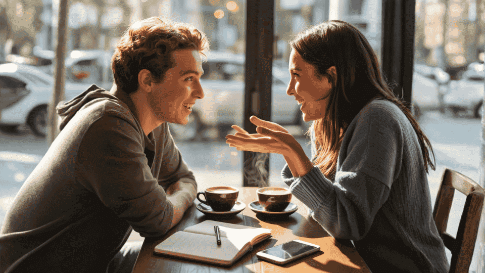 two friends discussing some interesting fun facts and engaging in a conversation in a cafe