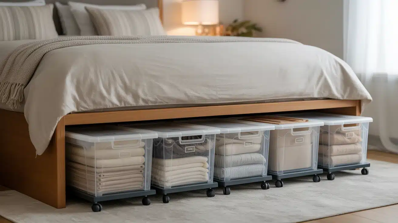 Under-bed storage bins holding blankets in a small bedroom