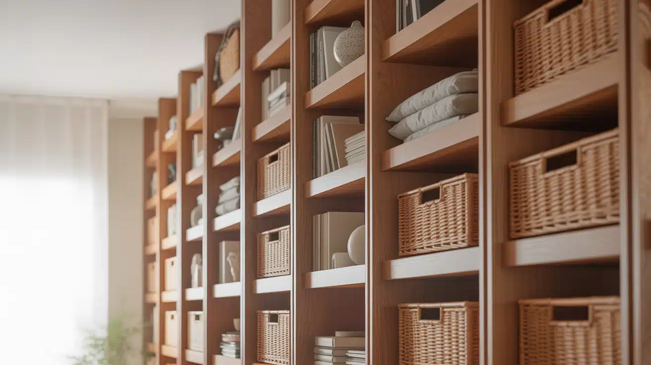 Vertical shelving used for storage in a small guest bedroom