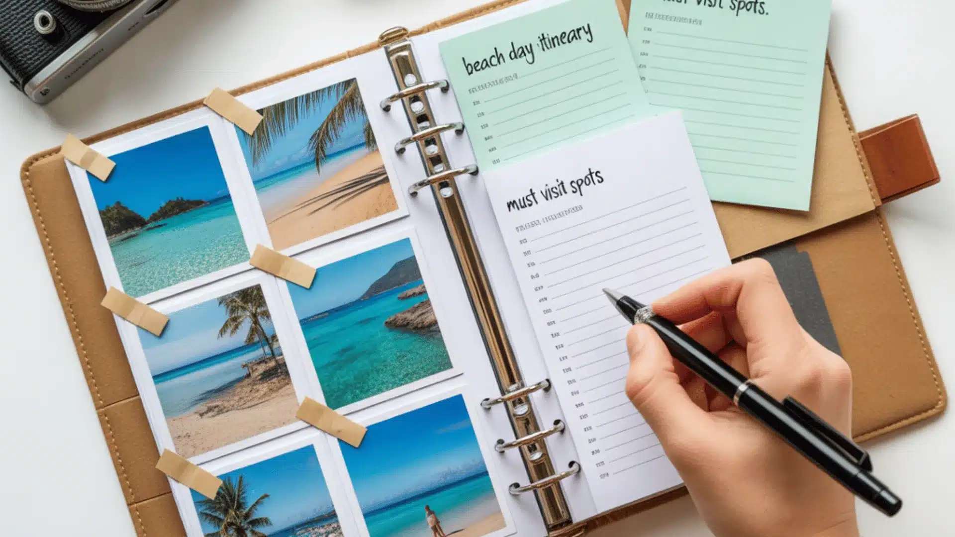 view of a spiral-bound travel planner journal with a kraft paper cover the planner contains multiple travel photos