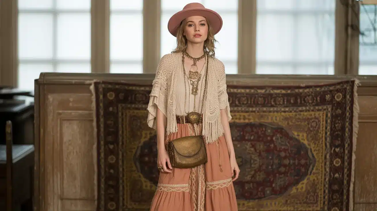 vintage bohemian outfit featuring embroidered dress, crochet top, lace details, leather bag, and antique jewelry in warm textured setting