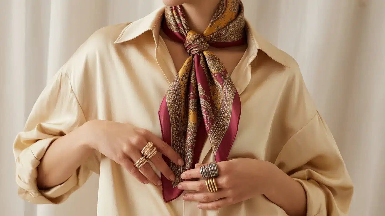 Vintage button-down shirt with printed scarf tied at neck